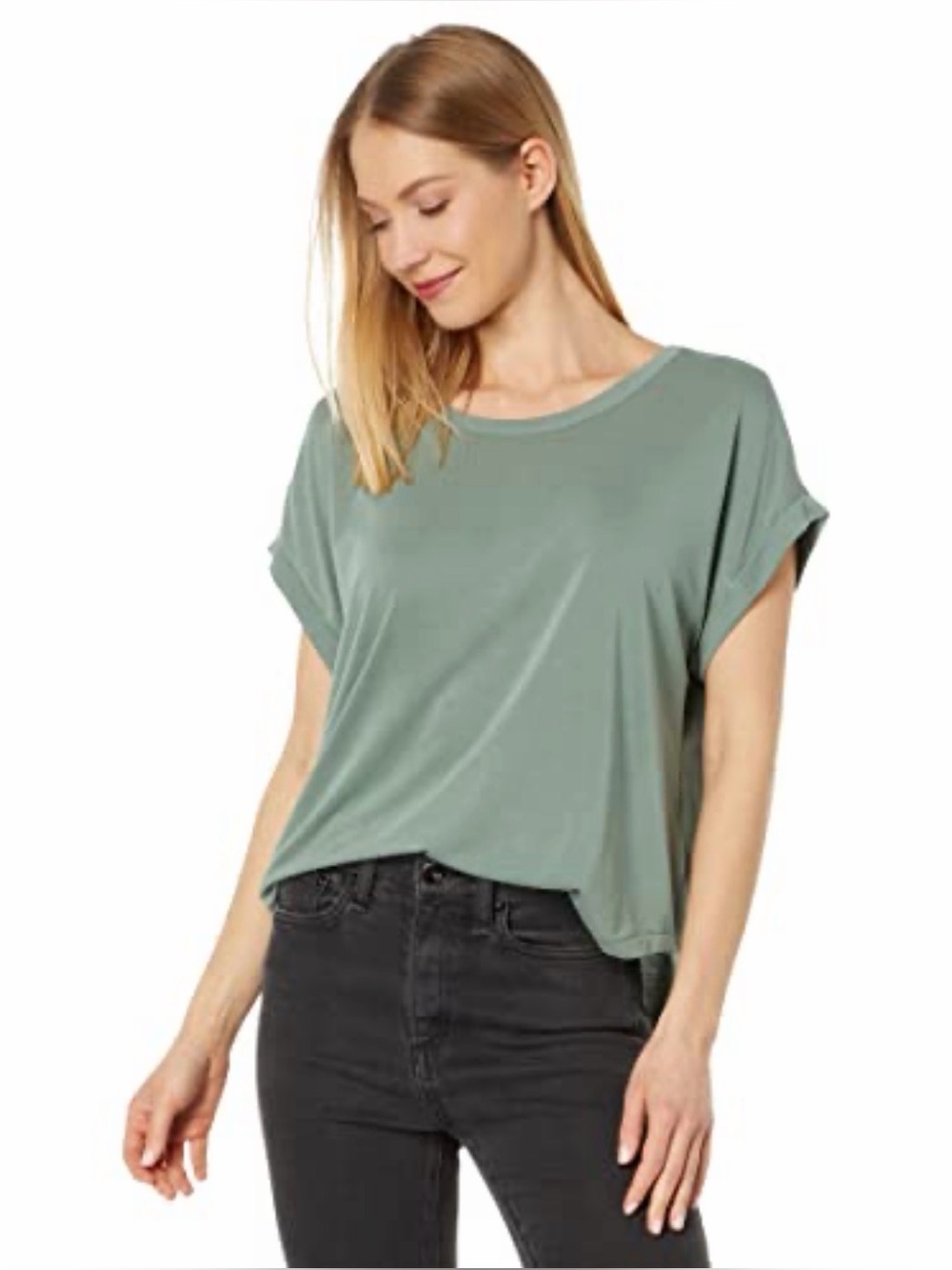 Lucky Brand Scoop Neck S/S Slouchy Round Hem Tee Loden Green Small Modal Blend